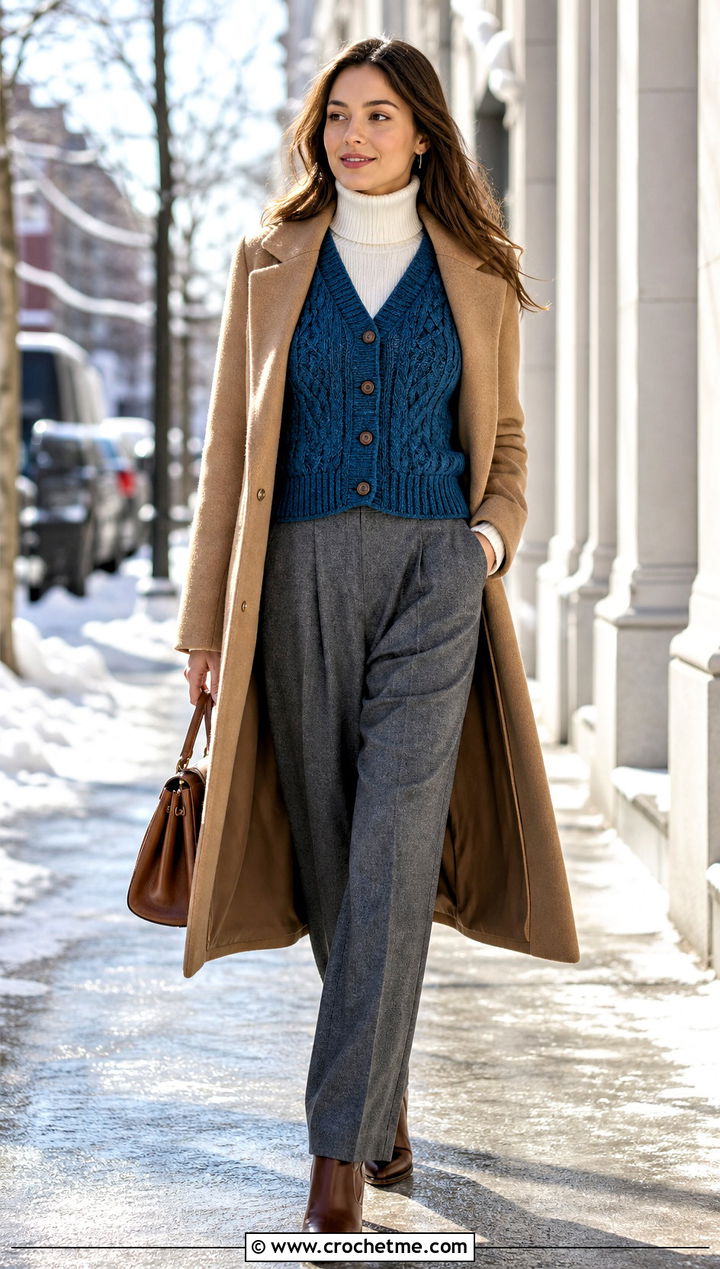Cable Crochet Button Up Vest With Wool Trousers - 25 Crochet Button Up Vest outfit ideas