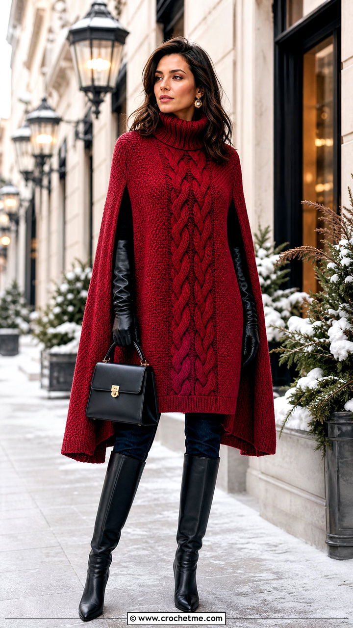 Cable Crochet Cape Sweater With Slim Jeans And Tall Boots - 35 cable crochet sweater outfit ideas