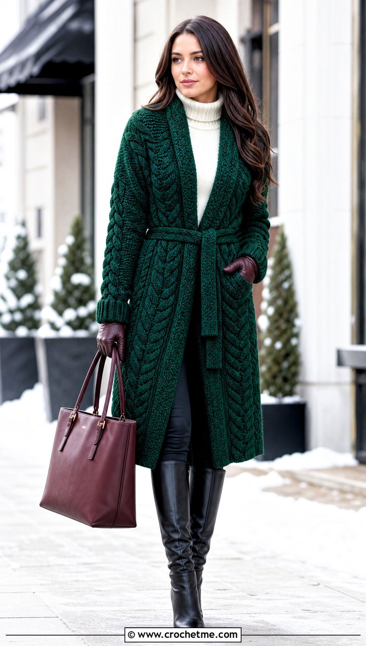 Cable Crochet Cardigan Coat With Turtleneck And Leggings - 25 Crochet Cable Cardigan outfit ideas
