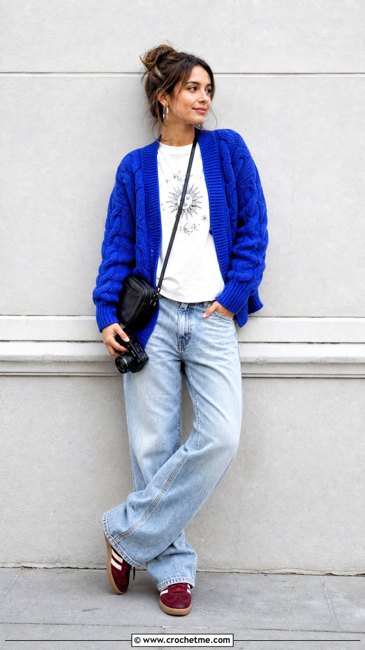 Cable Crochet Cardigan Sweater With Graphic Tee And Jeans - 35 cable crochet sweater outfit ideas