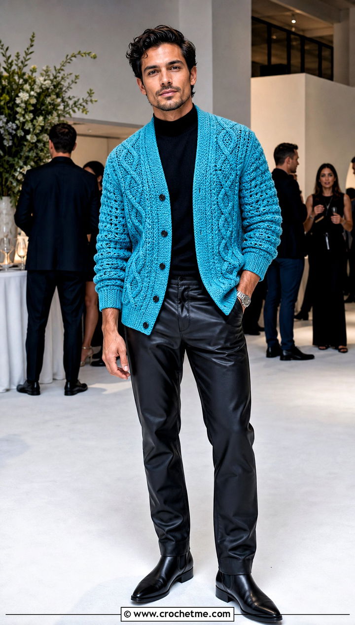 Cable Crochet Cardigan Sweater With Leather Pants - 15 Mens Cable Crochet Sweater outfit ideas