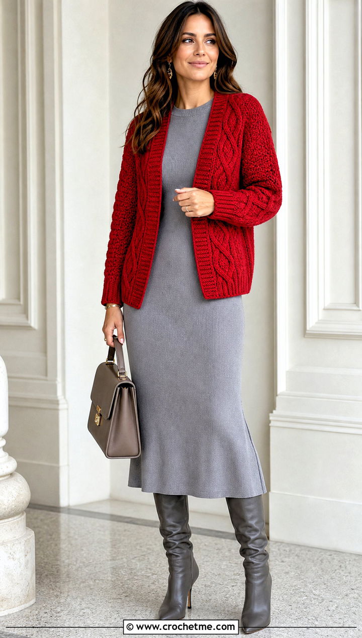 Cable Crochet Cardigan With A Midi Dress - 30 knit look crochet sweater outfit ideas
