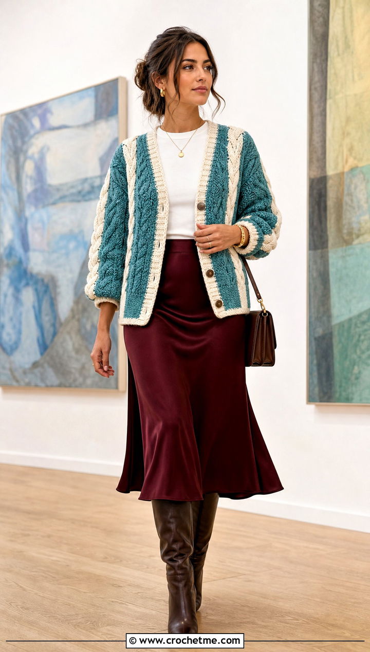 Cable Crochet Cardigan With A Satin Slip Skirt - 25 green and white crochet cardigan outfit ideas