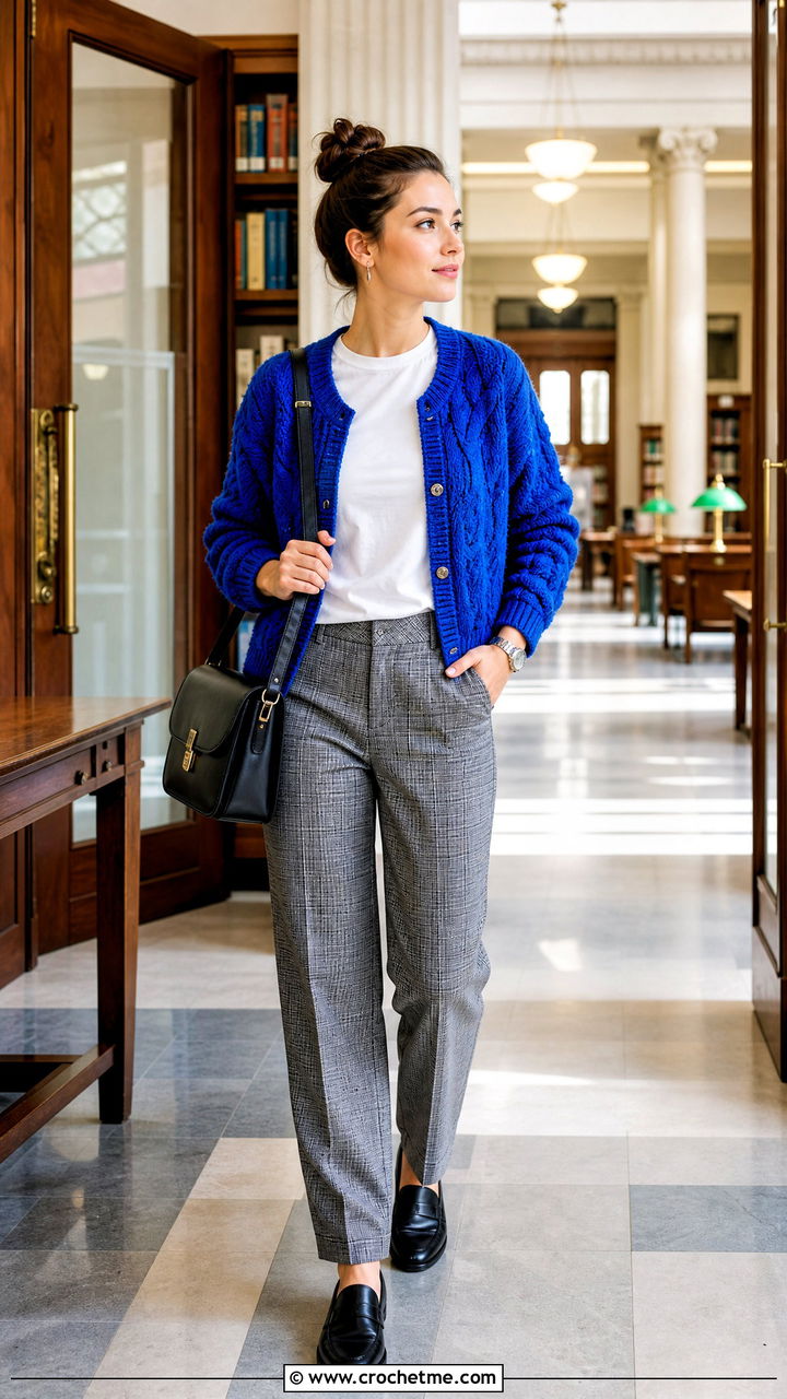 Cable Crochet Cardigan With Plaid Trousers - 35 blue crochet cardigan outfit ideas