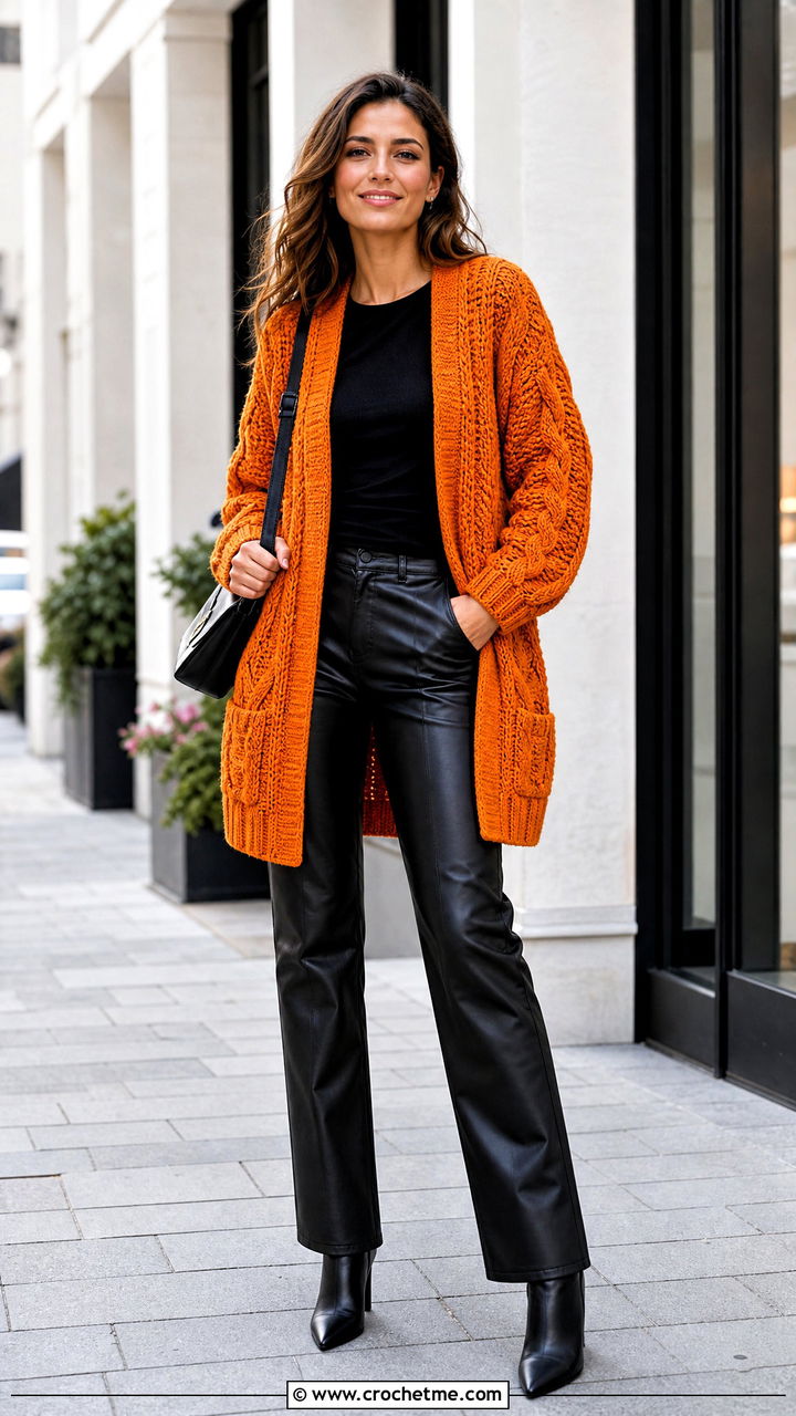 Cable Crochet Cardigan With Pockets And Leather Pants - 35 crochet cardigan with pockets outfit ideas