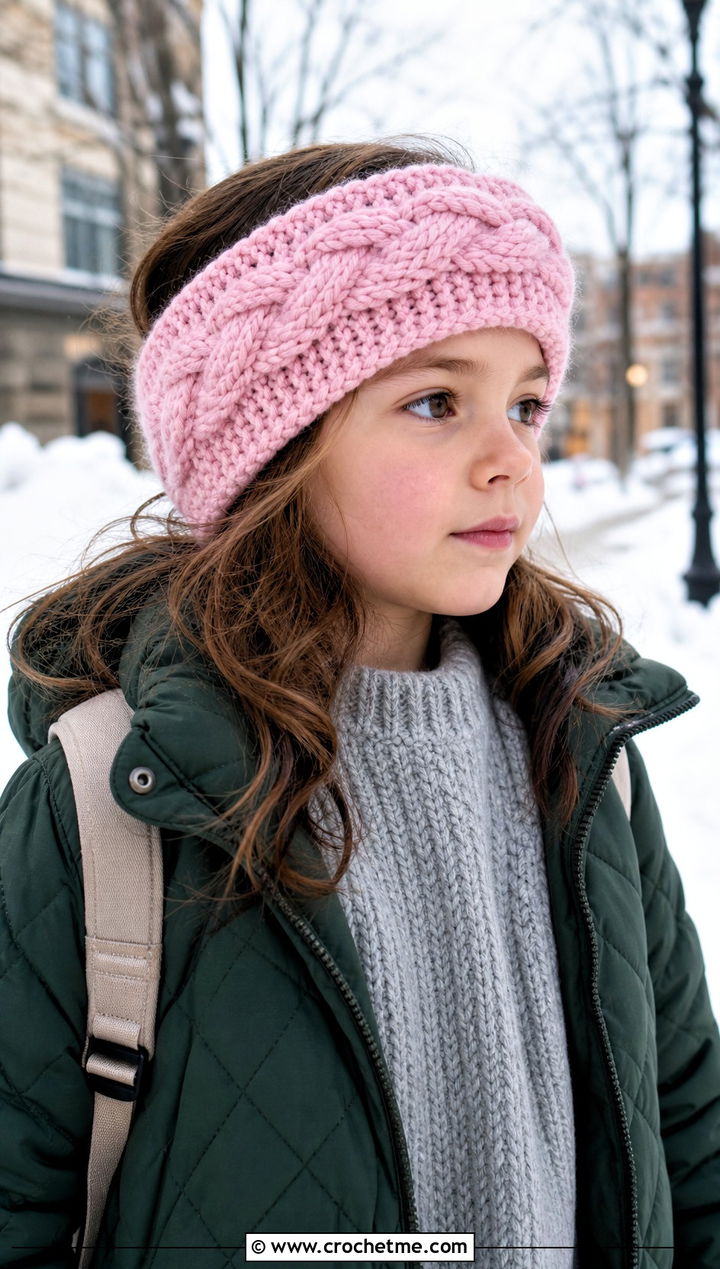 Cable Crochet Child Headband With Quilted Coat - 20 Crochet Childs Headband outfit ideas