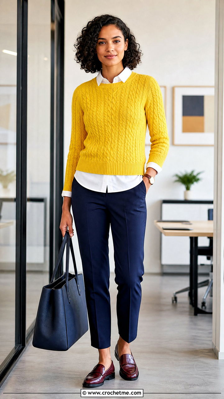 Cable Crochet Crew Neck Sweater With White Button Down Shirt - 35 cable crochet sweater outfit ideas