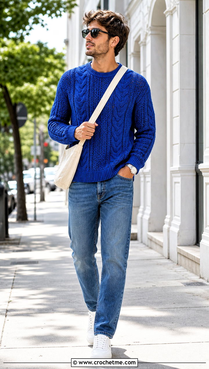 Cable Crochet Crewneck Sweater With Straight Leg Jeans - 15 Mens Cable Crochet Sweater outfit ideas