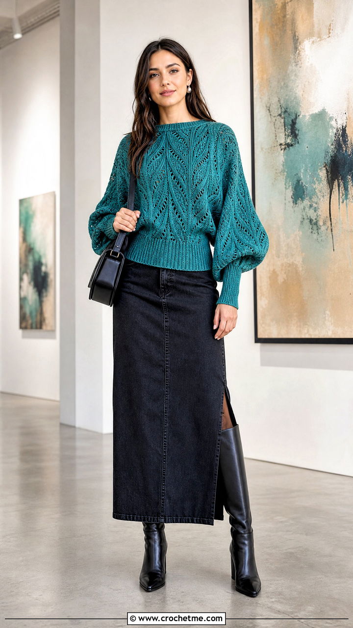 Cable Crochet Dolman Sleeve Sweater With Column Skirt - 35 cable crochet sweater outfit ideas