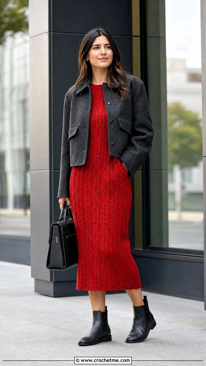 Cable Crochet Dress With Chelsea Boots - 35 easy crochet dress outfit ideas