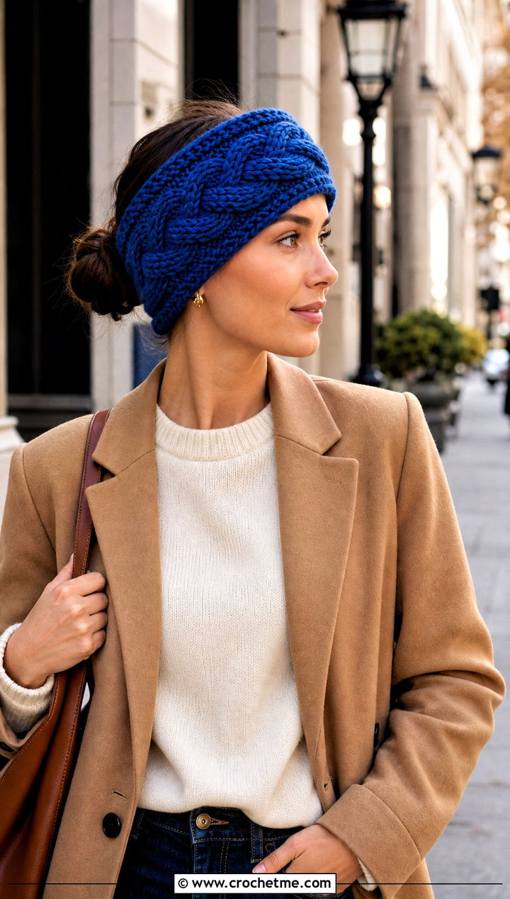 Cable Crochet Ear Warmer With Blazer - 15 Quick And Easy Crochet Ear Warmers outfit ideas