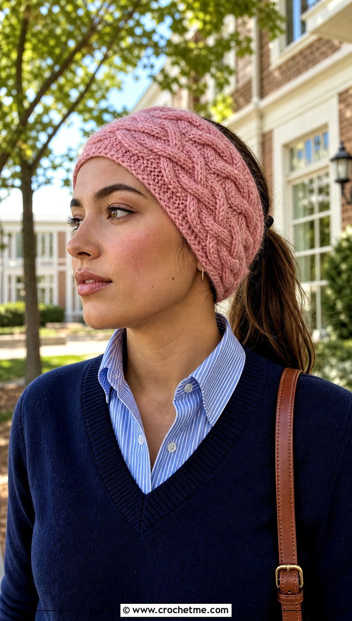 Cable Crochet Ear Wrap With Preppy Layers - 20 crochet ear wrap outfit ideas
