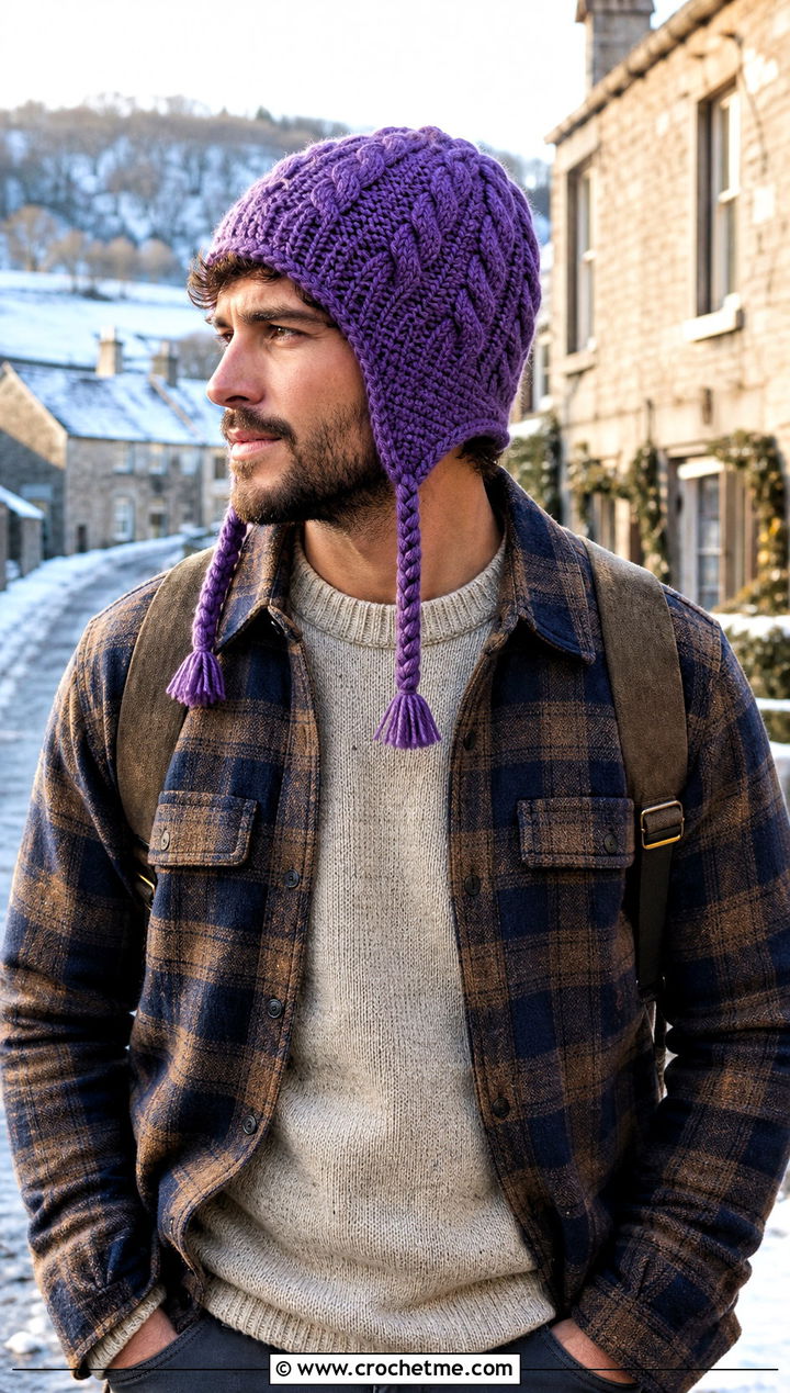 Cable Crochet Earflap Hat With Plaid Overshirt - 15 Mens Crochet Hat With Earflaps outfit ideas