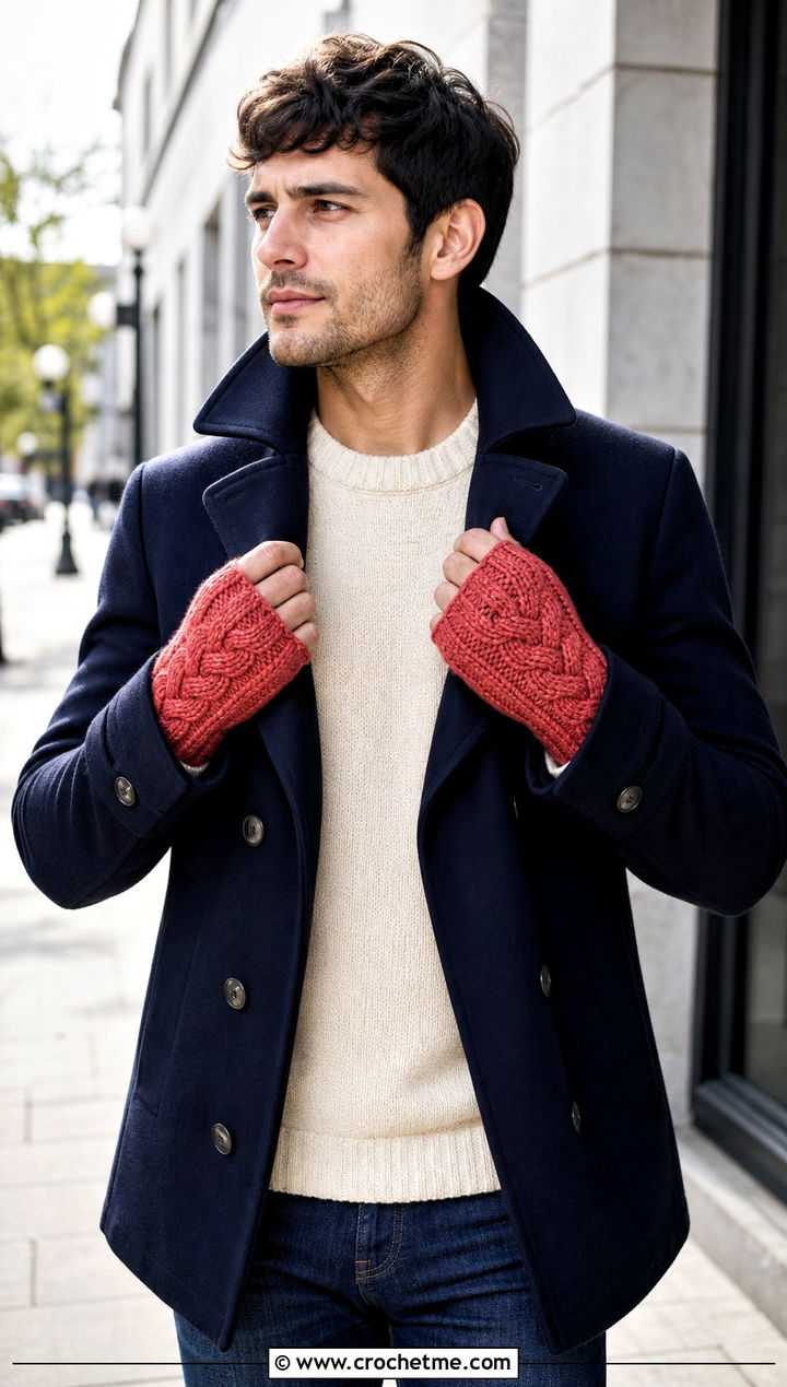 Cable Crochet Fingerless Gloves With Peacoat - 25 Crochet Mens Fingerless Gloves outfit ideas