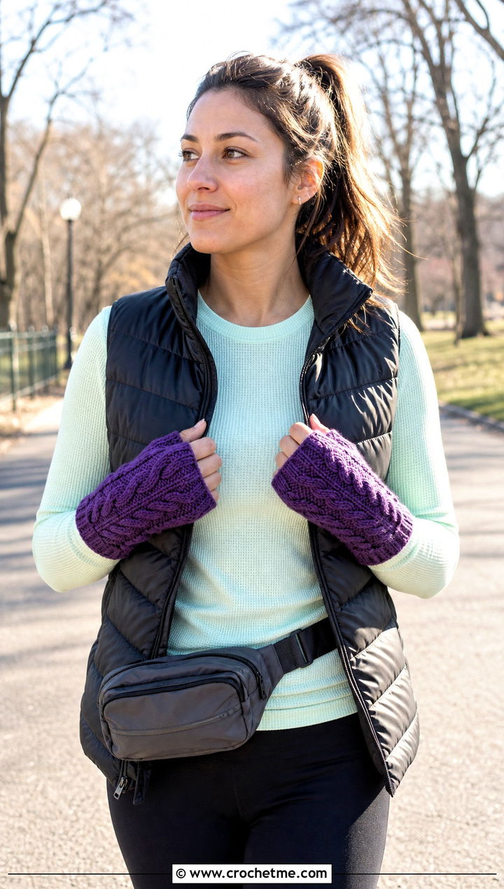 Cable Crochet Fingerless Gloves With Puffer Vest And Leggings - 25 Simple Crochet Fingerless Gloves outfit ideas