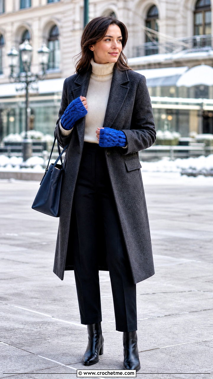 Cable Crochet Fingerless Gloves With Wool Coat - 35 easy crochet fingerless gloves outfit ideas