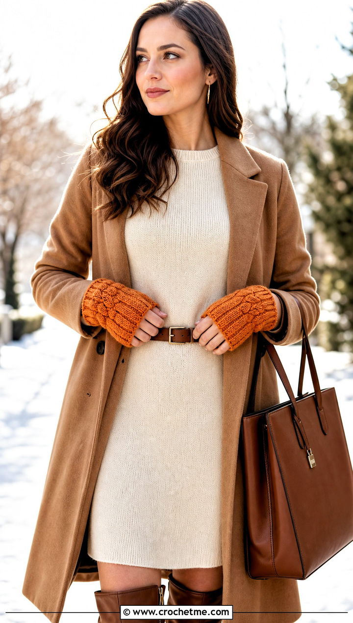 Cable Crochet Fingerless Mittens With Sweater Dress - 25 crochet fingerless mittens outfit ideas