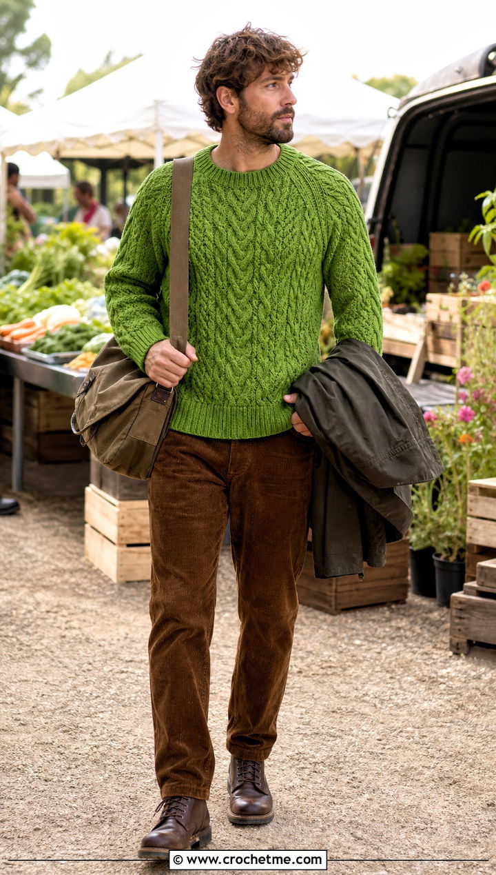 Cable Crochet Fisherman Sweater With Corduroy Pants - 15 Mens Cable Crochet Sweater outfit ideas