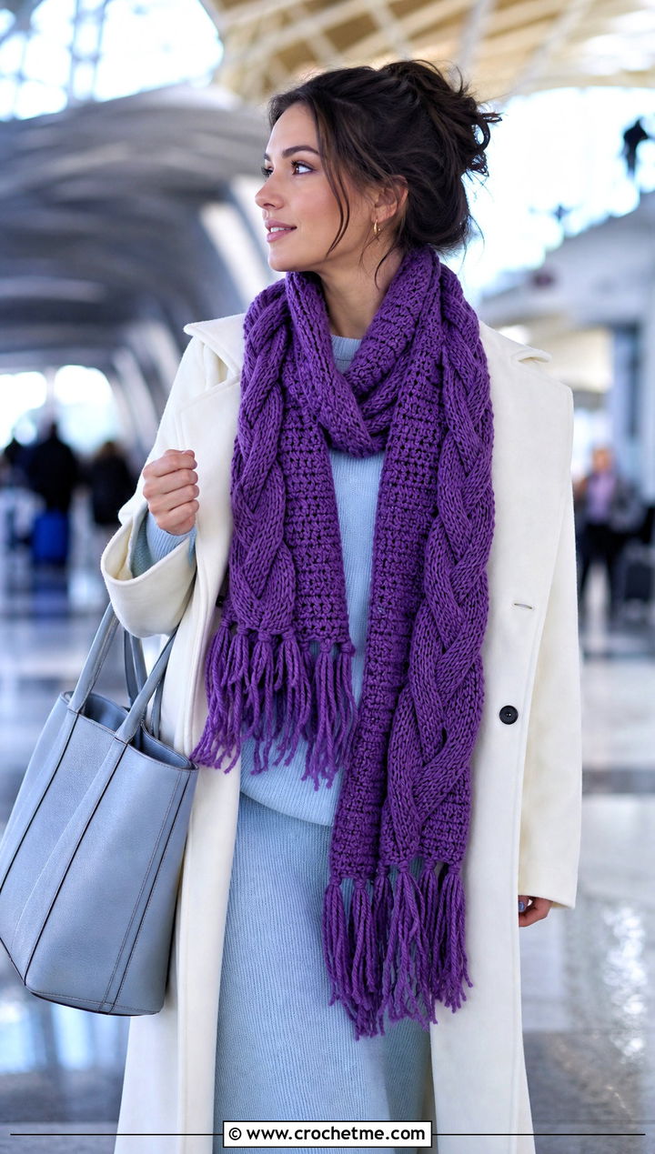 Cable Crochet Fringe Scarf With Knit Set - 25 Crochet Scarf Fringe Ideas