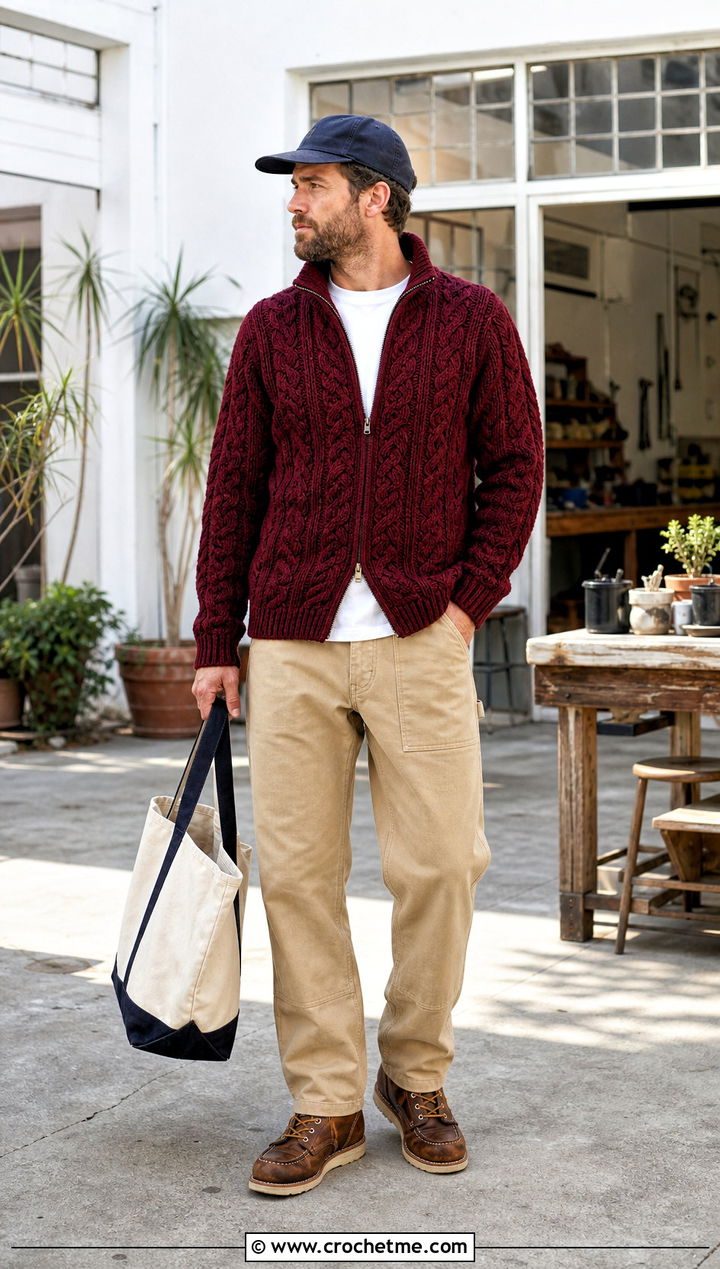 Cable Crochet Full Zip Sweater With Workwear Pants - 15 Mens Cable Crochet Sweater outfit ideas