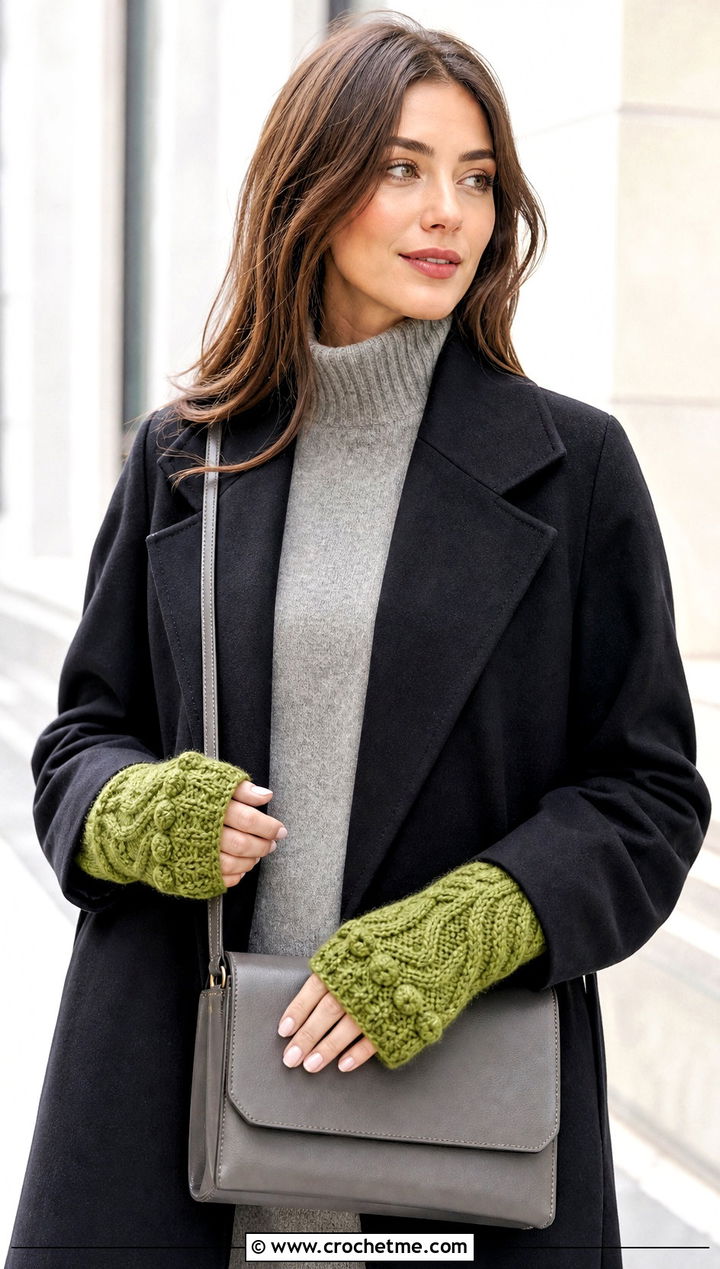 Cable Crochet Gloves With Sweater Dress - 25 crocheted gloves outfit ideas
