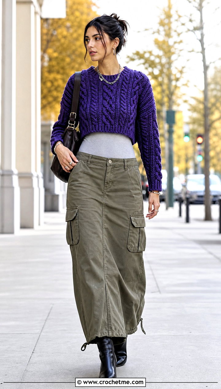 Cable Crochet Half Sweater With Cargo Maxi Skirt - 30 Crochet Long Sleeve Half Top outfit ideas