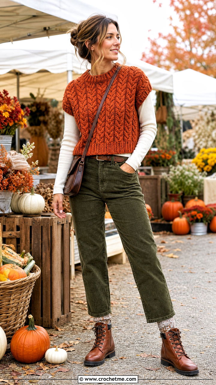 Cable Crochet Half Sweater With Corduroy Pants - 35 crochet half sweater outfit ideas