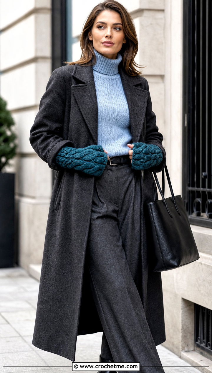 Cable Crochet Hand Warmers With Tailored Coat - 30 easy crochet hand warmers outfit ideas