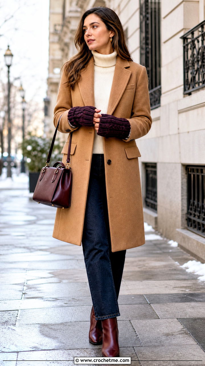 Cable Crochet Handwarmers With Wool Coat - 35 Crochet Handwarmer outfit ideas