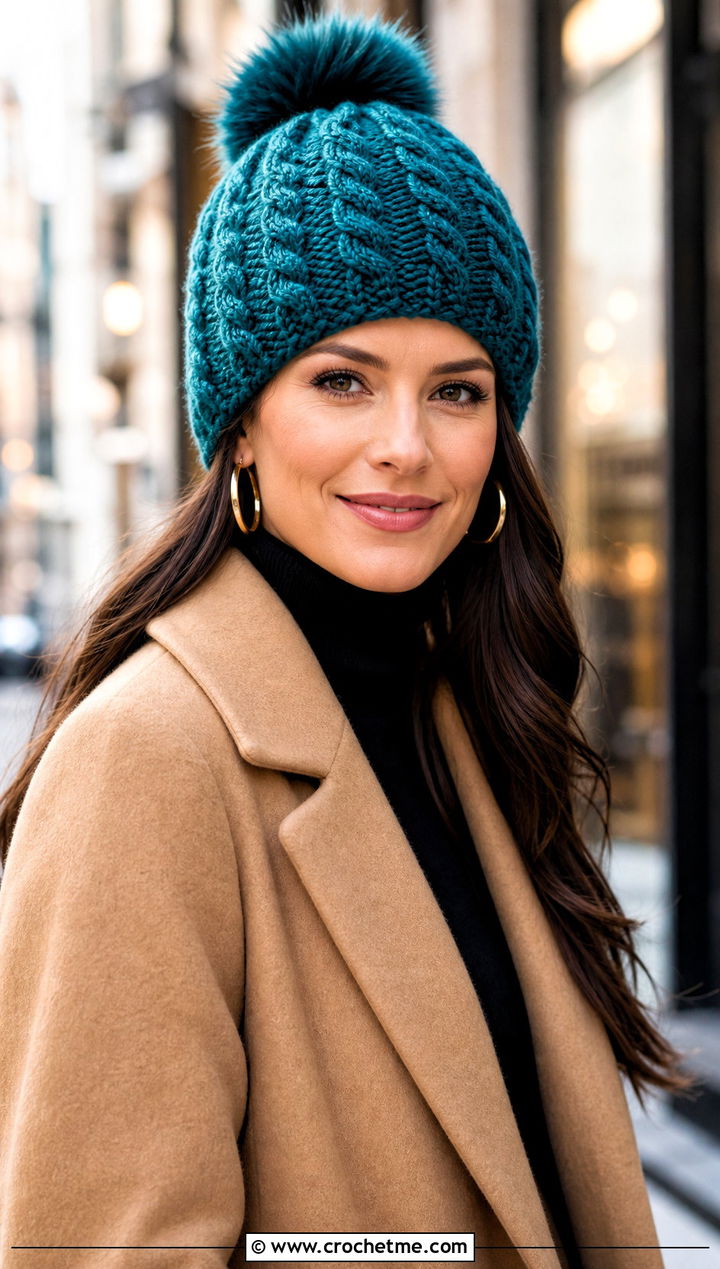 Cable Crochet Hat With Faux Fur Pom Pom And Camel Coat - 30 crochet hat with pom pom outfit ideas