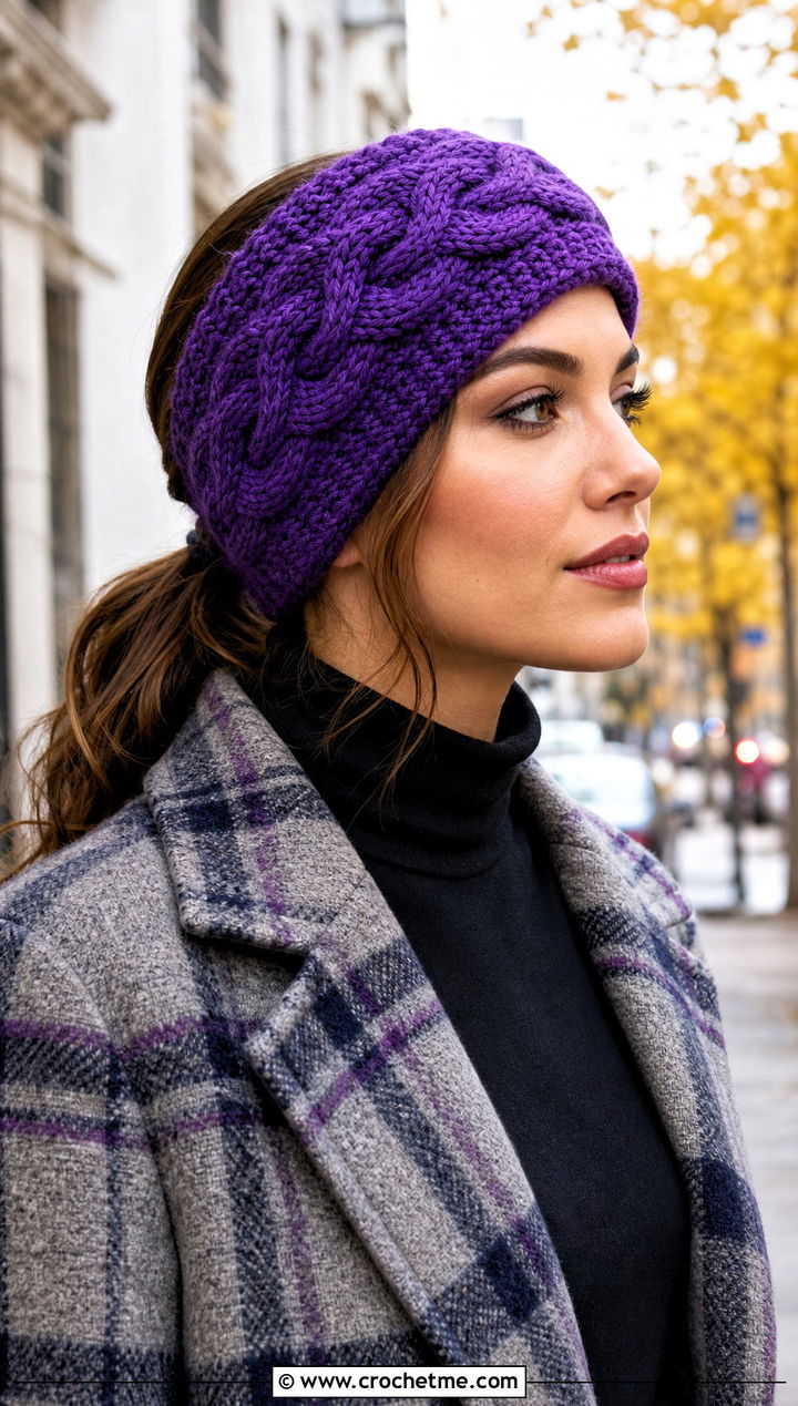Cable Crochet Headband With Plaid Coat - 30 crochet headband for women outfit ideas