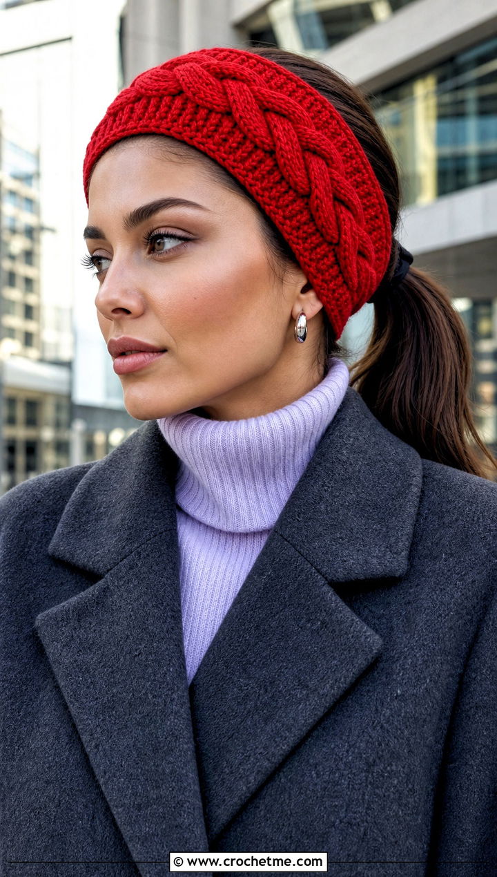 Cable Crochet Headband With Turtleneck And Trousers - 30 crochet fall headband outfit ideas