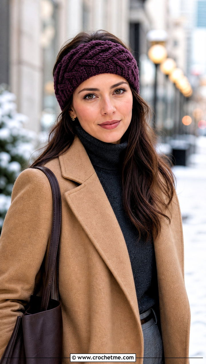 Cable Crochet Headband With Wool Coat And Trousers - 30 simple crochet head bands outfit ideas