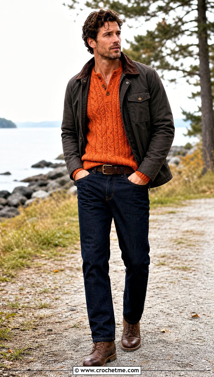 Cable Crochet Henley Sweater With Dark Denim - 15 Mens Cable Crochet Sweater outfit ideas