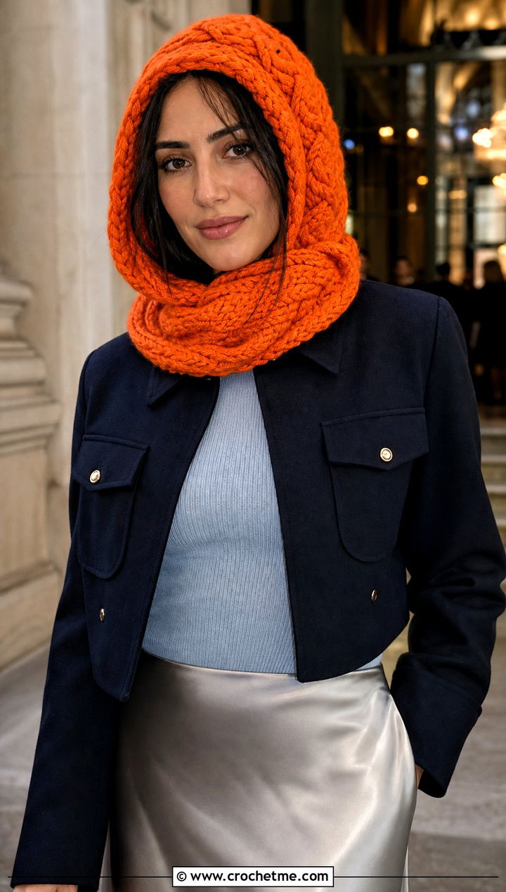 Cable Crochet Hooded Hat With Satin Skirt - 25 Cable Crochet Hat outfit ideas