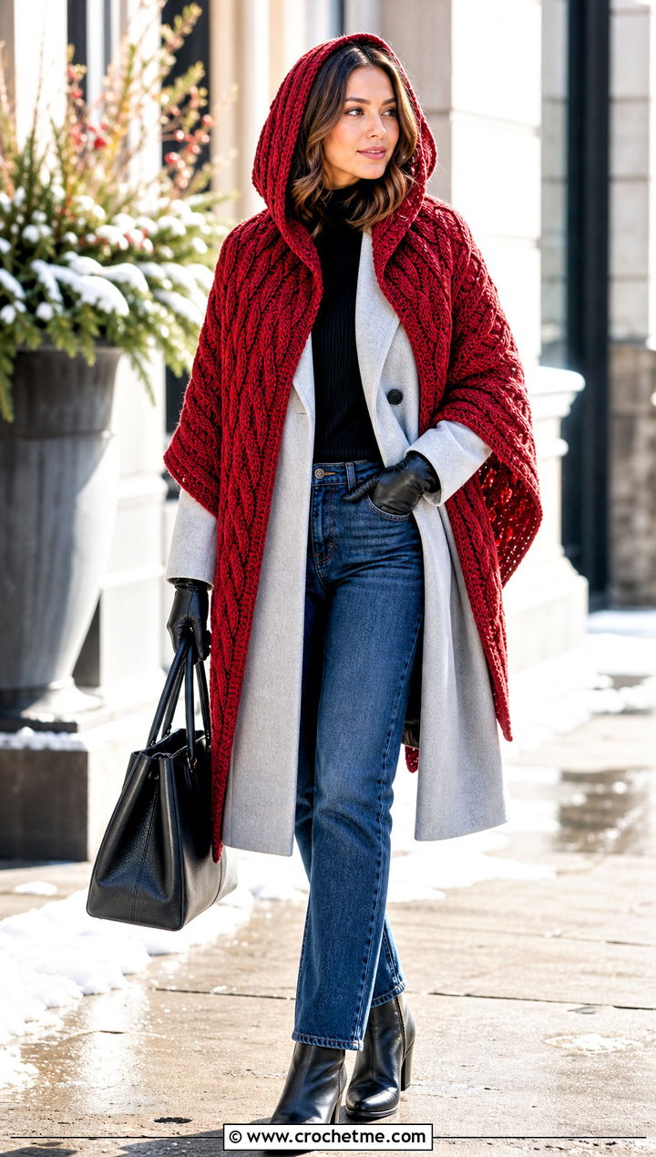 Cable Crochet Hooded Shawl With Wool Coat And Jeans - 35 crochet hooded shawl outfit ideas