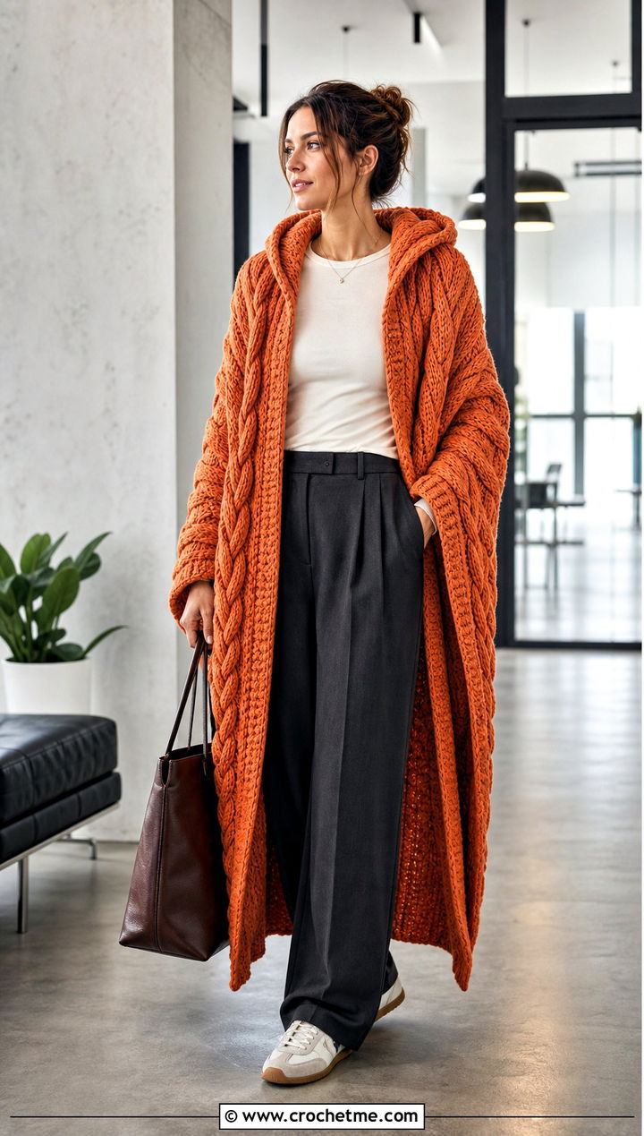 Cable Crochet Hoodie Blanket With Pleated Trousers - 25 crochet hoodie blanket outfit ideas