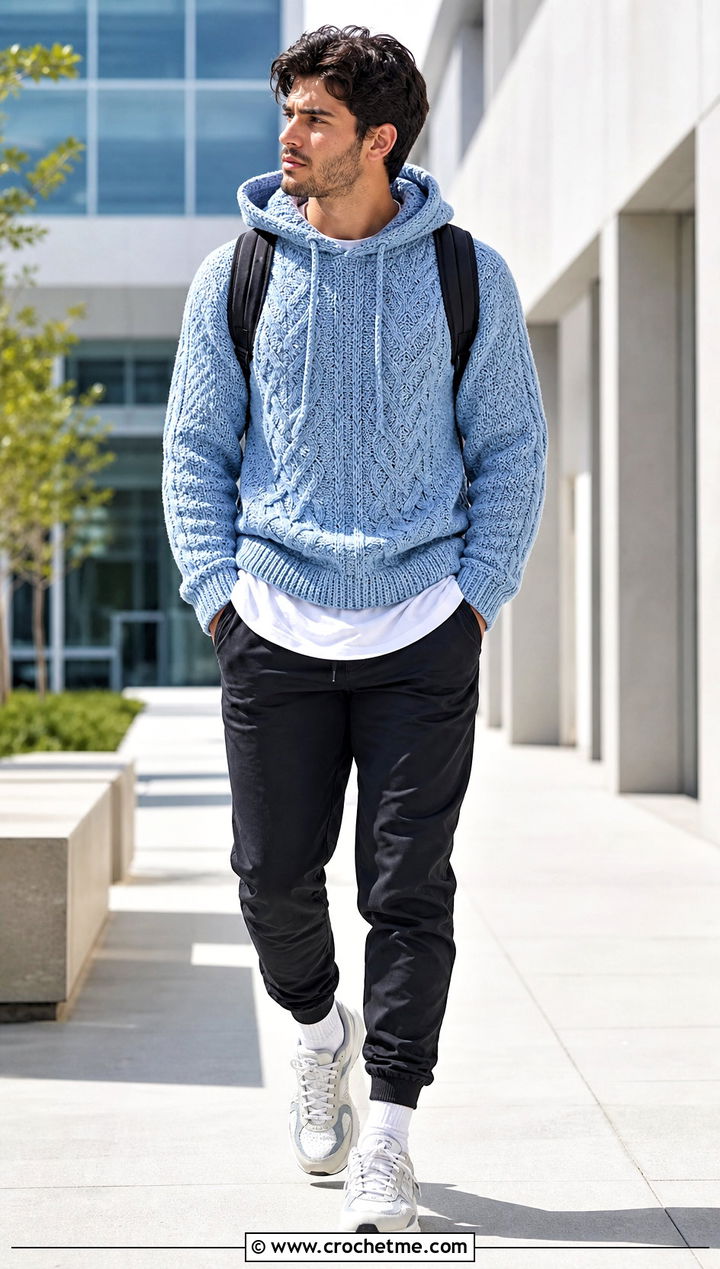 Cable Crochet Hoodie Sweater With Nylon Joggers - 15 Mens Cable Crochet Sweater outfit ideas
