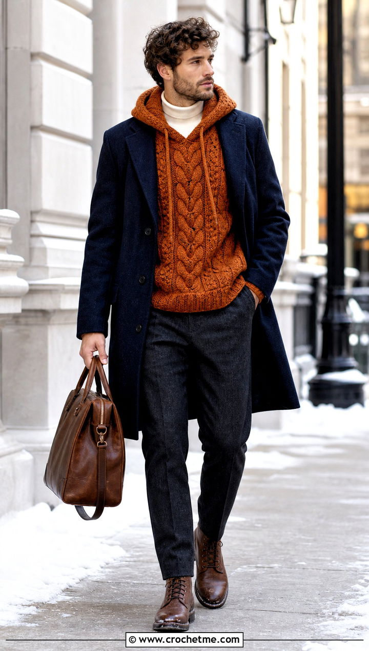 Cable Crochet Hoodie With Flannel Pants - 35 crochet hoodie for men outfit ideas