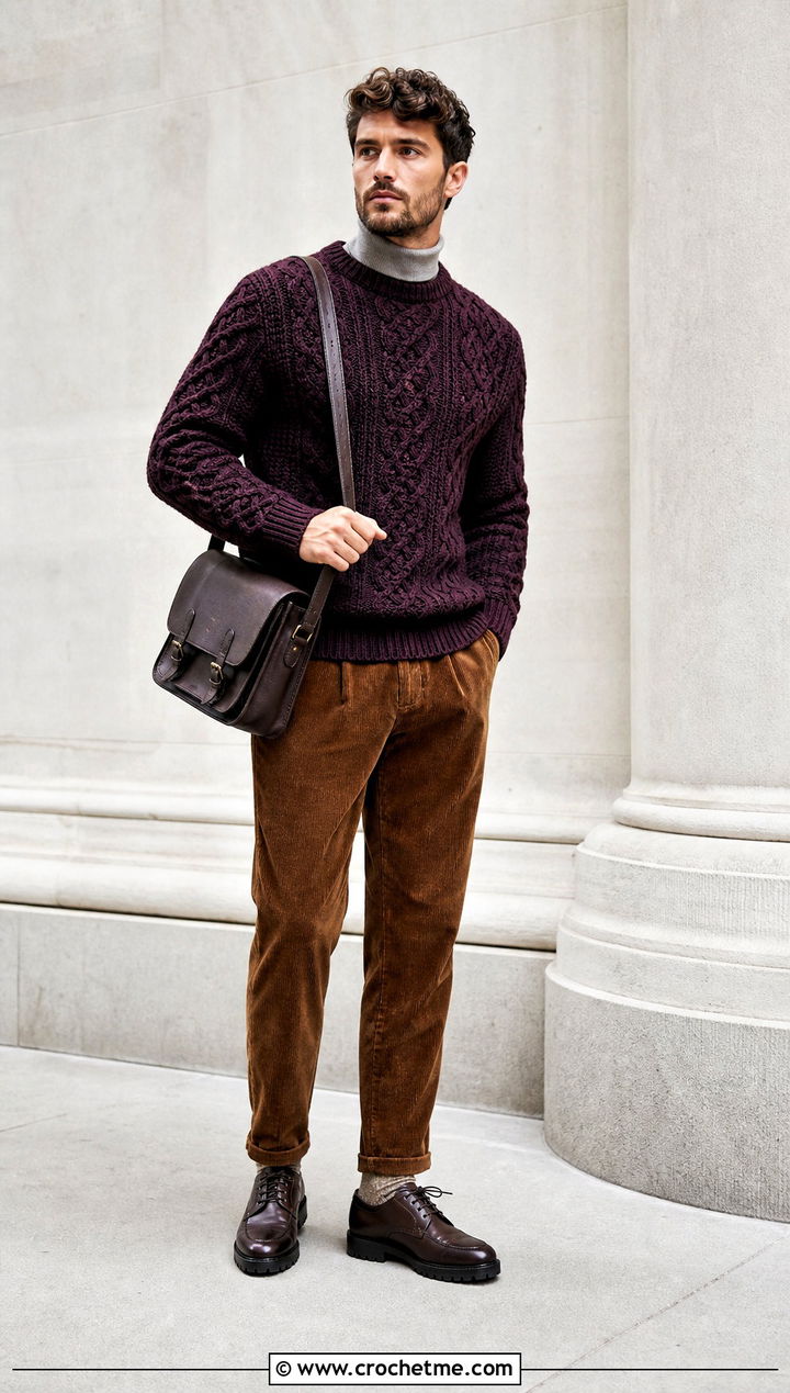 Cable Crochet Jumper With Corduroy Pants - 35 men crochet jumper outfit ideas