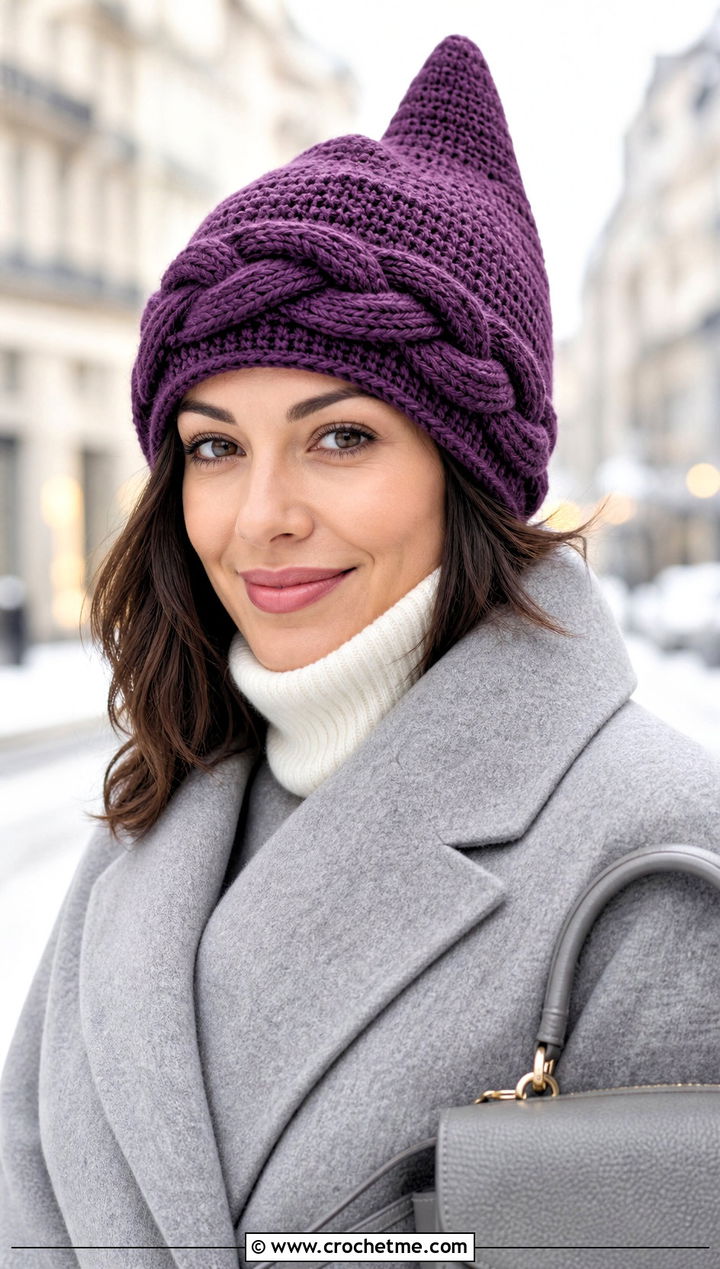 Cable Crochet Link Hat With Wrap Coat - 30 crochet link hat outfit ideas