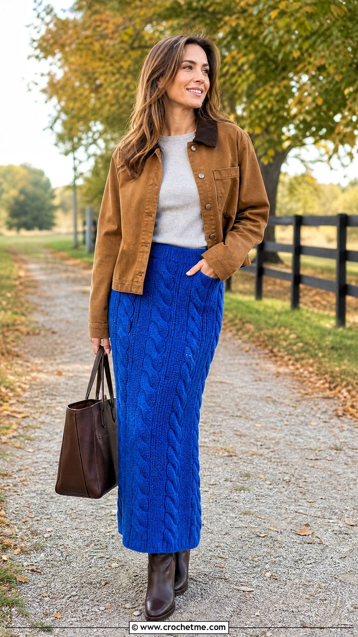 Cable Crochet Long Skirt With Barn Jacket - 35 crochet long skirt outfit ideas