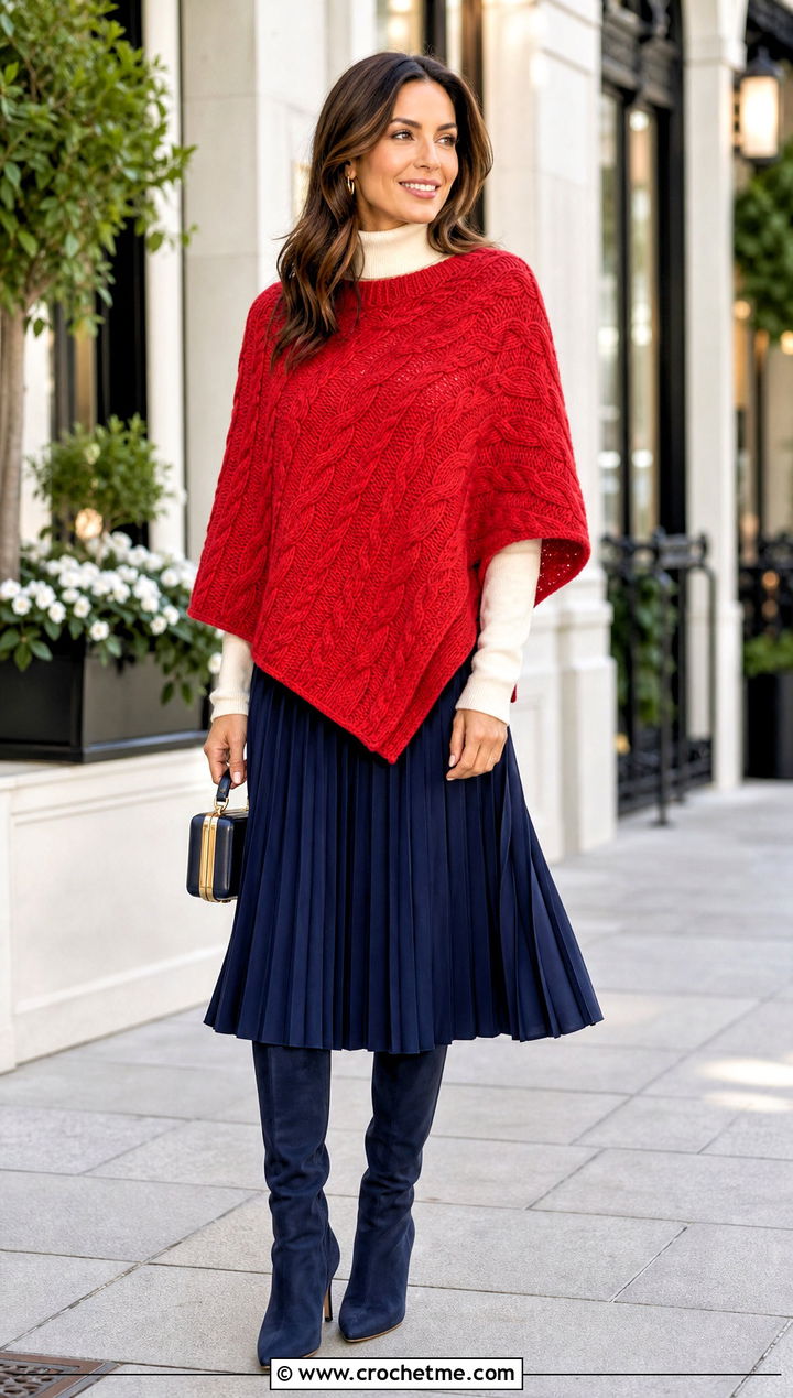 Cable Crochet Martha Stewart Poncho With Pleated Midi Skirt - 15 martha stewart crochet poncho outfit ideas