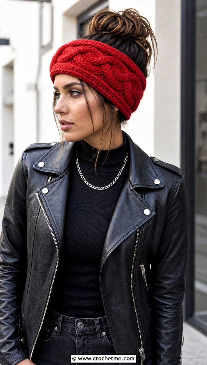 Cable Crochet Messy Bun Ear Warmer With Leather Jacket - 20 Crochet Messy Bun Ear Warmer outfit ideas