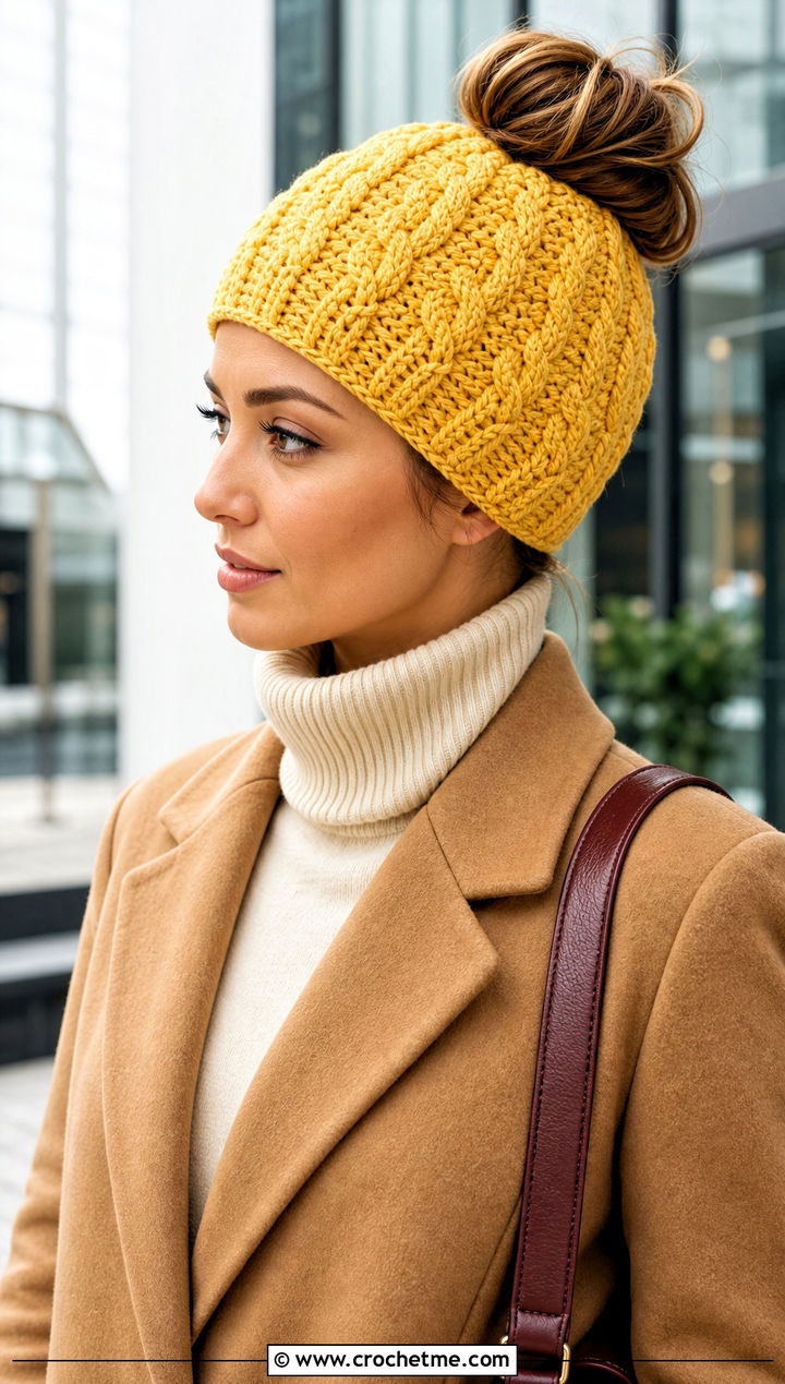 Cable Crochet Messy Bun Hat With Elastic And Wool Coat - 25 Crochet Messy Bun Hat With Elastic outfit ideas