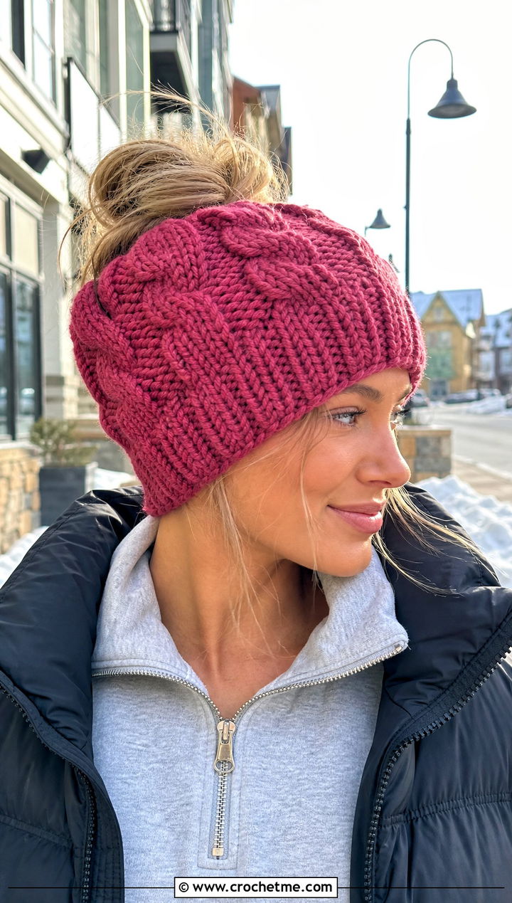 Cable Crochet Messy Bun Hat With Leggings - 25 Cable Crochet Hat outfit ideas