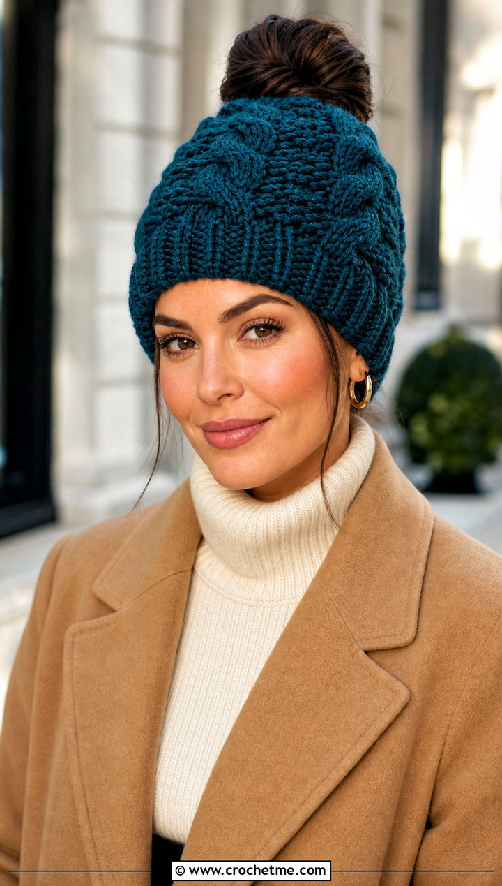 Cable Crochet Messy Bun Hat With Wool Coat - 20 Crochet Messy Bun Hat Bulky Yarn outfit ideas