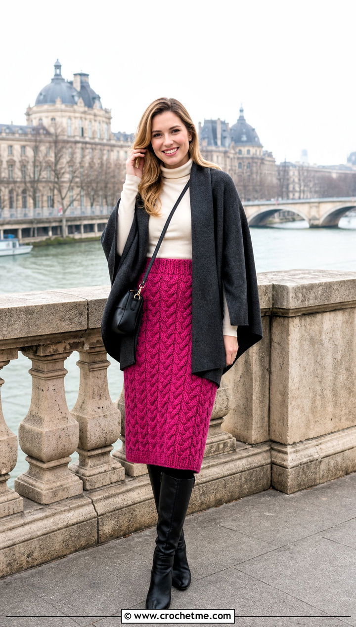 Cable Crochet Midi Skirt With Turtleneck Poncho - 35 crochet winter skirt outfit ideas