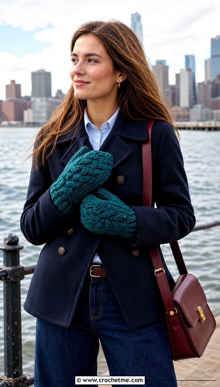 Cable Crochet Mittens With Peacoat - 25 women crochet mittens outfit ideas