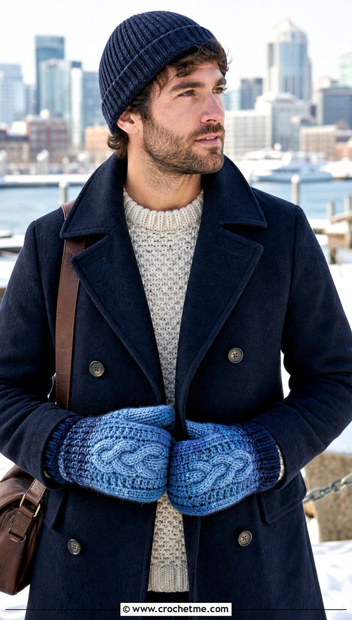 Cable Crochet Mittens With Peacoat - 25 Mens Crochet Mittens outfit ideas